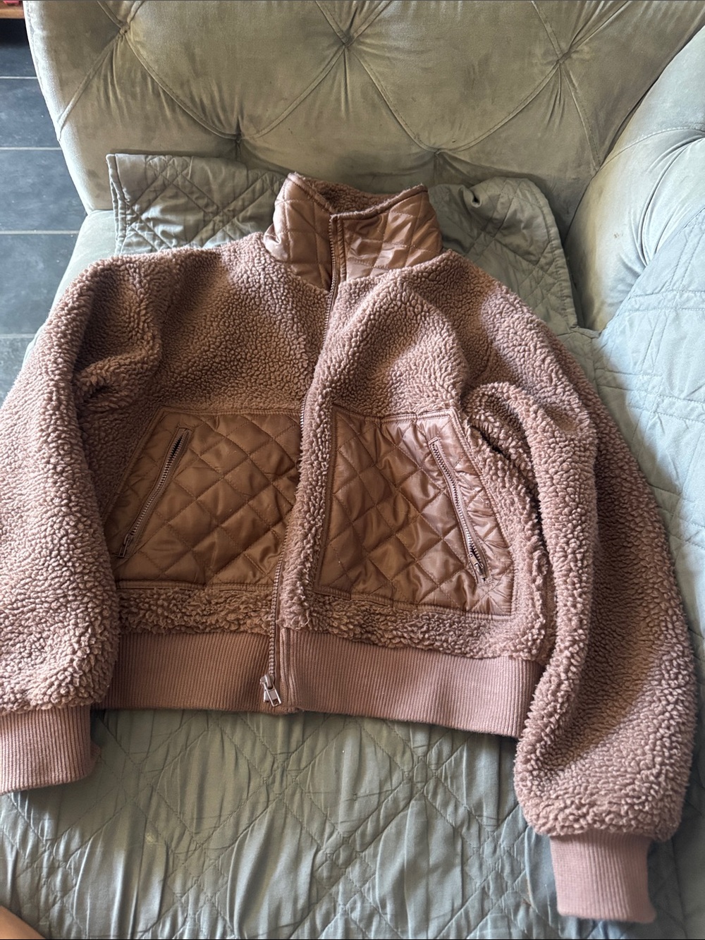 Cozy Quilted-Pocket Teddy Jacket in Mauve Taupe